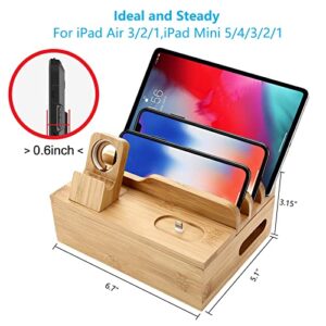 Bamboo Charging Station for Multi Device with 5 USB A Charger Port Sendowtek 6 in 1 Charging Stand for Phone Tablet Smart Watch Holder Earbud Dock Charger Organizer with Power Supply(no watch charger)