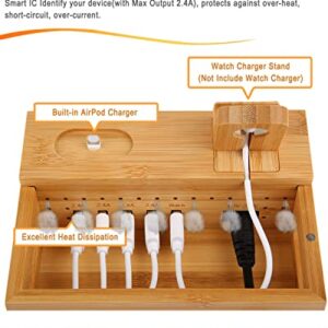 Bamboo Charging Station for Multi Device with 5 USB A Charger Port Sendowtek 6 in 1 Charging Stand for Phone Tablet Smart Watch Holder Earbud Dock Charger Organizer with Power Supply(no watch charger)