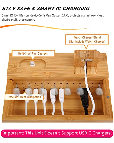 Bamboo Charging Station for Multi Device with 5 USB A Charger Port Sendowtek 6 in 1 Charging Stand for Phone Tablet Smart Watch Holder Earbud Dock Charger Organizer with Power Supply(no watch charger)