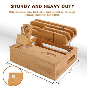 Bamboo Charging Station for Multi Device with 5 USB A Charger Port Sendowtek 6 in 1 Charging Stand for Phone Tablet Smart Watch Holder Earbud Dock Charger Organizer with Power Supply(no watch charger)