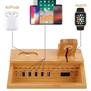 Bamboo Charging Station for Multi Device with 5 USB A Charger Port Sendowtek 6 in 1 Charging Stand for Phone Tablet Smart Watch Holder Earbud Dock Charger Organizer with Power Supply(no watch charger)