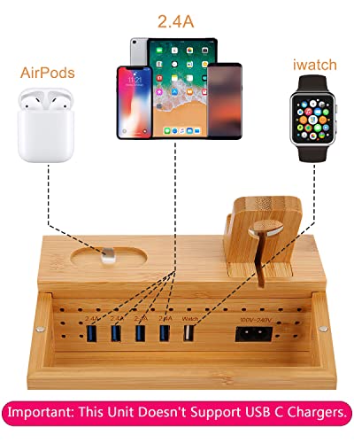 Bamboo Charging Station for Multi Device with 5 USB A Charger Port Sendowtek 6 in 1 Charging Stand for Phone Tablet Smart Watch Holder Earbud Dock Charger Organizer with Power Supply(no watch charger)