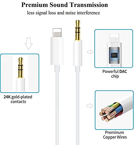 2 Pack Aux Cord for iPhone, 3.3ft [Apple MFi Certified] Lightning to 3.5 mm Headphone Jack Adapter Male Aux Stereo Audio Cable for Car Compatible with iPhone 13/12/11/XS/XR/X/8/7/iPad/iPod, White