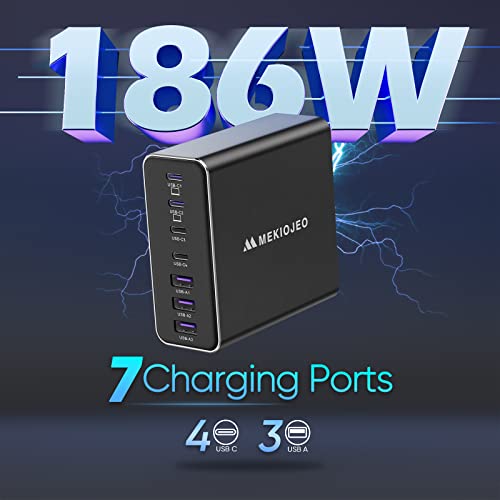 Aluminum Alloy USB C Charger 186W 7 Port Fast Charging Station,65W USB C Laptop GaN Charger Compatible with MacBook Pro/Air (Black)