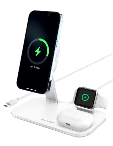 MOMAX Magnetic Wireless Charging Station，25W 3 in 1 Wireless Charger Stand Fast Charging Station only for iPhone 14/14Pro/13/13Pro/12 Series, AirPods Pro, Apple Watch 1-6 Series (No AC Adapter)