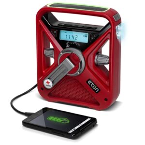 eton – american red cross frx3+ emergency noaa weather radio, red, digital display, hand turbine, solar power, red led flashing beacon, 7 noaa/environment canada weather bands, phone charger