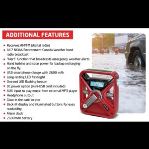 Eton - American Red Cross FRX3+ Emergency NOAA Weather Radio, Red, Digital Display, Hand Turbine, Solar Power, Red LED Flashing Beacon, 7 NOAA/Environment Canada Weather Bands, Phone Charger