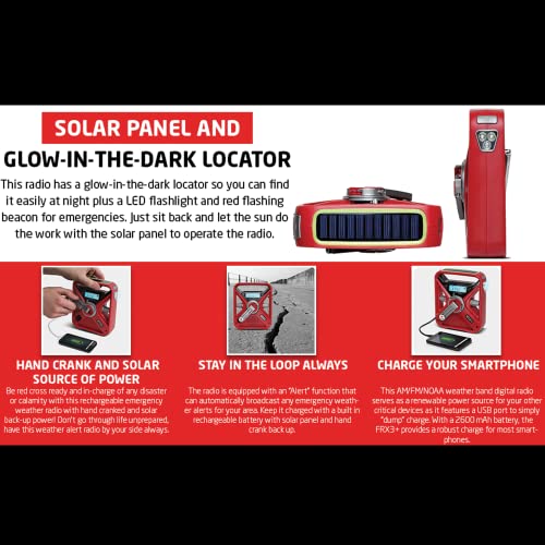 Eton - American Red Cross FRX3+ Emergency NOAA Weather Radio, Red, Digital Display, Hand Turbine, Solar Power, Red LED Flashing Beacon, 7 NOAA/Environment Canada Weather Bands, Phone Charger