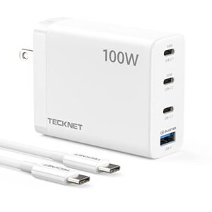 100w usb c wall charger, tecknet gan Ⅲ portable usb-c fast charger block with type c cable, pd power adapter for iphone 14/14 pro, macbook pro, ipad, airpods, dell xps, pixel, samsung, ps5, switch