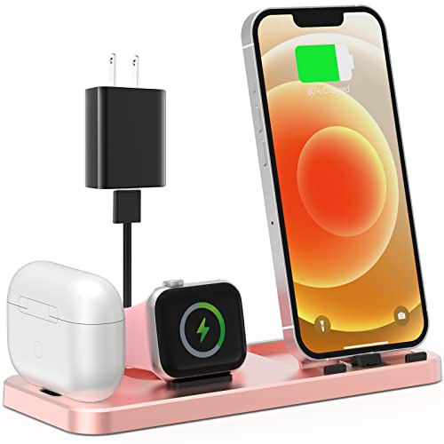 3 in 1 Charging Station for Multiple Devices Apple Portable Charging Stand for Apple Watch iPhone and AirPods Build-in Charger Charging Dock Holder for iPhone with Adapter and Cable (Rose Gold)