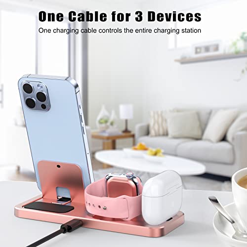 3 in 1 Charging Station for Multiple Devices Apple Portable Charging Stand for Apple Watch iPhone and AirPods Build-in Charger Charging Dock Holder for iPhone with Adapter and Cable (Rose Gold)