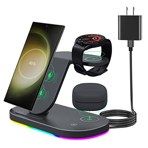 OVISBAI 3 in 1 Android Wireless Charger for Samsung Devices, Wireless Charging Station for Samsung Galaxy S23 S22 Ultra/S22+/S22/S21/S20/Z Flip 4/Z Fold 4, Galaxy Watch 5/4/3,Galaxy Buds/Pro Black