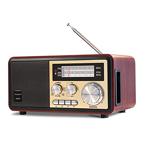 Oncheer Retro Vintage Wood Bluetooth FM/AM/SW Home Radio, 15W Subwoofer Stereo Speaker, AC&Battery Powered Radios with Antenna Best Reception, Support Remote Control/TF Card/USB Player/AUX