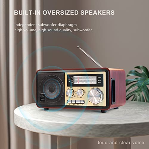 Oncheer Retro Vintage Wood Bluetooth FM/AM/SW Home Radio, 15W Subwoofer Stereo Speaker, AC&Battery Powered Radios with Antenna Best Reception, Support Remote Control/TF Card/USB Player/AUX