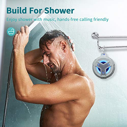 EBODA Shower Bluetooth Speaker, IPX7 Waterproof Portable Floating Speaker with Loud HD Sound, True Wireless Stereo Speaker with LED Light, 24H Play for Shower Pool Beach, Gifts for Men, Women - Gray