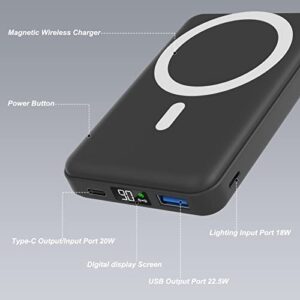 AOGUERBE Magnetic Power Bank, 10000mAh Foldable Wireless Portable Charger with USB-C Cable LED Display, Mag-Safe Battery Pack 22.5W PD Fast Charging for iPhone 14/13/12 Pro/Pro Max/Plus/Mini, Black