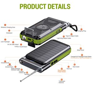 Solar Power Bank 36800mAh, Emergency FM Radio Wireless Charger Built-in 2 Cables and Kickstand 15W Fast Charging Portable Charger LED Flashlight, USB C Input/Output Compatible with All Mobile Devices