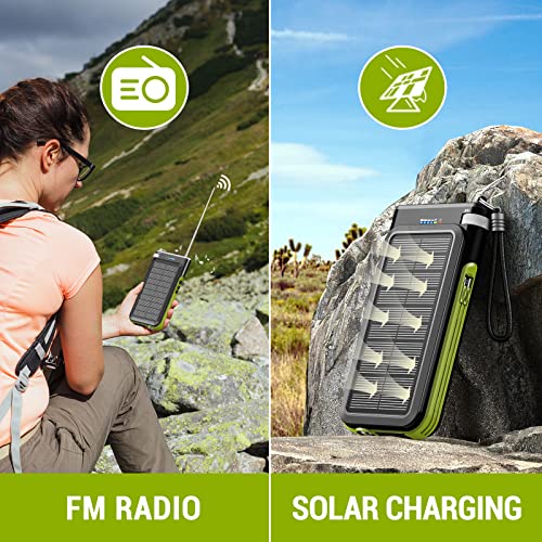 Solar Power Bank 36800mAh, Emergency FM Radio Wireless Charger Built-in 2 Cables and Kickstand 15W Fast Charging Portable Charger LED Flashlight, USB C Input/Output Compatible with All Mobile Devices