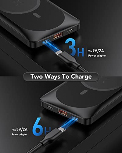 VRURC Magnetic Power Bank, 10000mAh Wireless Portable Charger iPhone, Max 22.5W Fast Charging, USB-C & USB Outputs,Magnetic Battery Charger for iPhone 14/13/12 Series, with Finger Holder - Black