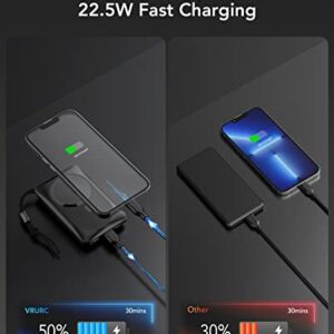 VRURC Magnetic Power Bank, 10000mAh Wireless Portable Charger iPhone, Max 22.5W Fast Charging, USB-C & USB Outputs,Magnetic Battery Charger for iPhone 14/13/12 Series, with Finger Holder - Black