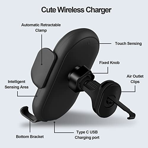 Wireless Car Charger Phone Holder Mount, BENBOAR Phone Mount for Car,Cute Phone Mount with 10W Charging Smart Sensor Auto-Clamping Phone Holder for Car Air Vent fit iPhone Samsung etc Smartphone,Black