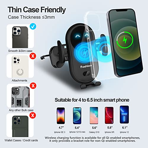 Wireless Car Charger Phone Holder Mount, BENBOAR Phone Mount for Car,Cute Phone Mount with 10W Charging Smart Sensor Auto-Clamping Phone Holder for Car Air Vent fit iPhone Samsung etc Smartphone,Black