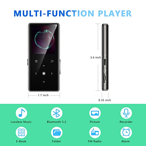 64GB MP3 Player with Bluetooth 5.2, AiMoonsa Music Player with Built-in HD Speaker, FM Radio, Voice Recorder, HiFi Sound, E-Book Function, Earphones Included