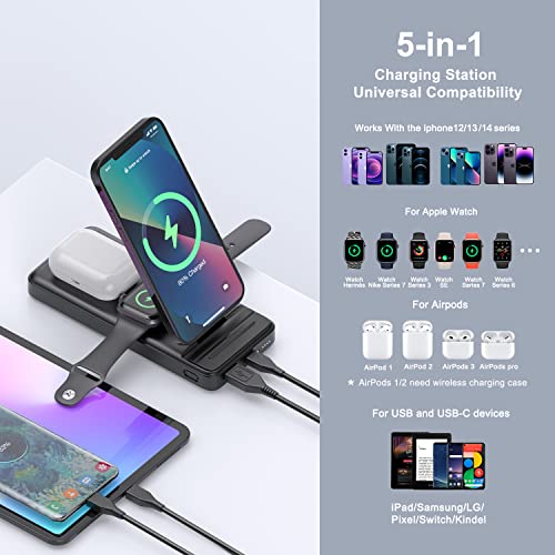 10000mAh for MagSafe Charging Station, 5 in 1 Foldable Magnetic Wireless Charging Station for iPhone 14 13 12 Pro Max Mini, Apple Watch, Airpods, Compact Wireless Power Stand MagSafe Portable Charger