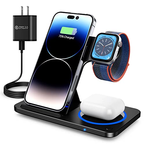 Charging Station for Multiple Devices Apple, 3 in 1 Foldable Wireless Charger Stand, Wireless Charging Station for iPhone 14/13/12/11/XS Max/XS/XR/X/8P, Airpods 3/2/pro, Apple Watch 8/7/6/5/4/3/2/SE