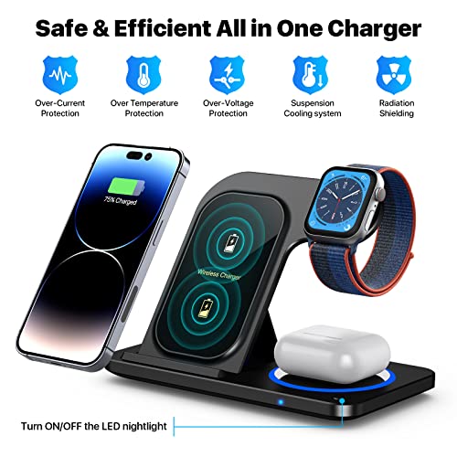 Charging Station for Multiple Devices Apple, 3 in 1 Foldable Wireless Charger Stand, Wireless Charging Station for iPhone 14/13/12/11/XS Max/XS/XR/X/8P, Airpods 3/2/pro, Apple Watch 8/7/6/5/4/3/2/SE