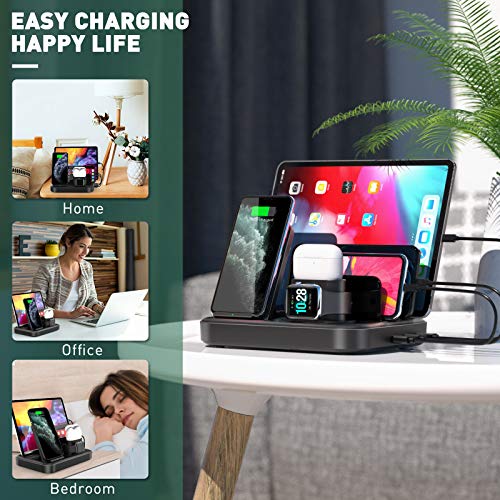 seenda Wireless Charging Station for Multiple Devices - 6 in 1 USB Charging Dock Built-in AC Adapter with 10W Max Wireless Charger Stand and 5 USB Ports for iPhone, iPad, Android, Apple Watch, AirPods