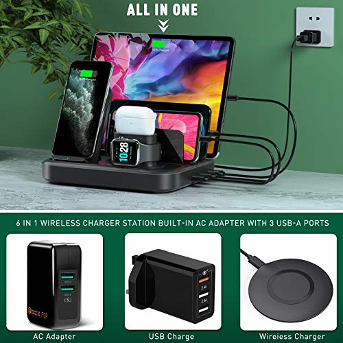 seenda Wireless Charging Station for Multiple Devices - 6 in 1 USB Charging Dock Built-in AC Adapter with 10W Max Wireless Charger Stand and 5 USB Ports for iPhone, iPad, Android, Apple Watch, AirPods
