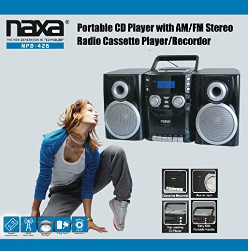 NAXA Electronics NPB-426 Portable CD Player with AM/FM Stereo Radio, Cassette Player/Recorder and Twin Detachable Speakers