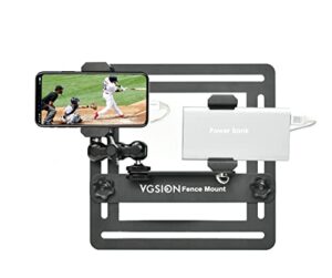 vgsion aluminum cell phone/action camera fence mount for iphone, mevo start, gopro with two phone clips, angle adjustable, support recording while charging for tennis, baseball games