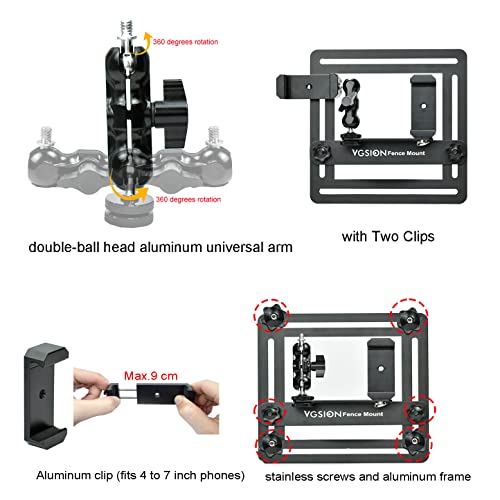 vgsion Aluminum Cell Phone/Action Camera Fence Mount for iPhone, Mevo Start, GoPro with Two Phone Clips, Angle Adjustable, Support Recording While Charging for Tennis, Baseball Games