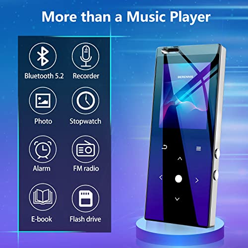 64GB MP3 Player with Bluetooth 5.2 - BERENNIS Portable HiFi Lossless Music Player with Built-in Speaker, FM Radio Voice Recorder for Sports Running, Earphone Included