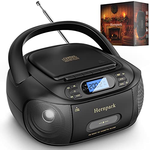 Portable CD Player with Bluetooth, Hernpark Rechargeable Boombox CD Cassette Player Combo with FM Radio Built-in Stereo Sound System/Super Bass/AUX Input/USB Playback/Headphone Jack Output