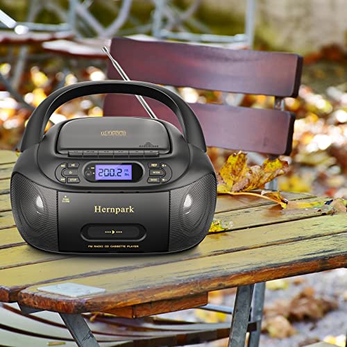 Portable CD Player with Bluetooth, Hernpark Rechargeable Boombox CD Cassette Player Combo with FM Radio Built-in Stereo Sound System/Super Bass/AUX Input/USB Playback/Headphone Jack Output