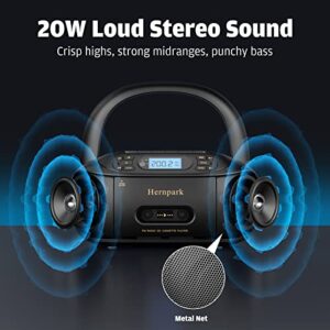Portable CD Player with Bluetooth, Hernpark Rechargeable Boombox CD Cassette Player Combo with FM Radio Built-in Stereo Sound System/Super Bass/AUX Input/USB Playback/Headphone Jack Output