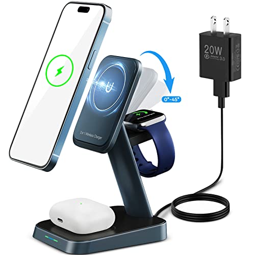 45°Adjustable Angle 3 in 1 Magnetic Wireless Charging Station, 23W Fast Mag-Safe Charger Stand with 20W QC3.0 Adapter, Metal Texture, for iPhone 14/13/12 Series, iWatch Ultra/8/7/6/5/4/3/2, AirPods