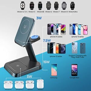 45°Adjustable Angle 3 in 1 Magnetic Wireless Charging Station, 23W Fast Mag-Safe Charger Stand with 20W QC3.0 Adapter, Metal Texture, for iPhone 14/13/12 Series, iWatch Ultra/8/7/6/5/4/3/2, AirPods