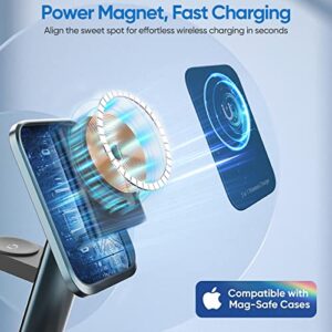 45°Adjustable Angle 3 in 1 Magnetic Wireless Charging Station, 23W Fast Mag-Safe Charger Stand with 20W QC3.0 Adapter, Metal Texture, for iPhone 14/13/12 Series, iWatch Ultra/8/7/6/5/4/3/2, AirPods