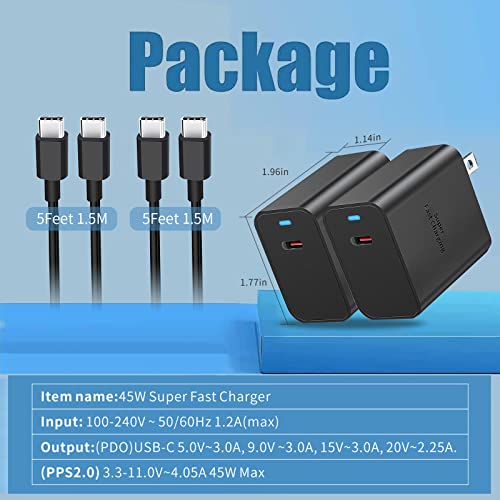 45W USB C Charger,Samsung Super Fast Charging Wall Charger for Samsung S23 Ultra/S23/S23+/S22 Ultra/S22+/Z Fold 4/Z Fold 3 ，Galaxy Tab,S23 Ultra Type C Charger Fast Charging Block & 5FT Cable,2 Pack