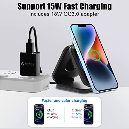 Wireless Charger 3 in 1 with Adapter and Travel Case,Fast Wireless Charging Station,Wireless Charging Pad Compatible with iPhone 14/13/12/11 Series,AirPods 3/2/Pro 2/Pro,iWatch Ultra/8/7/6/5/4/3/2/SE