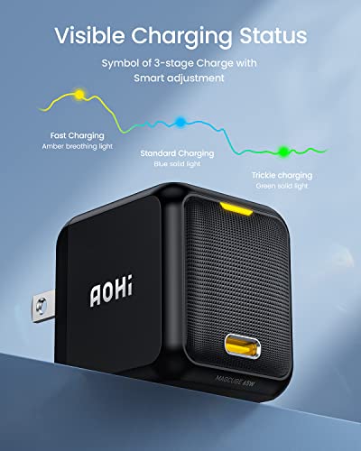 AOHI 65W PD USB C Charger, GaN+ Magcube Mini Fast Wall Charger Power Adapter with 4ft USB C to USB C LED Display Cable for Notebook MacBook Pro/Air, Galaxy S22/S21, iPhone 14/Plus/Pro Max/13/12, Black