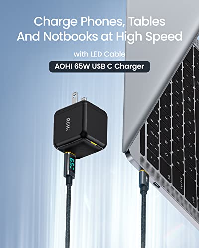 AOHI 65W PD USB C Charger, GaN+ Magcube Mini Fast Wall Charger Power Adapter with 4ft USB C to USB C LED Display Cable for Notebook MacBook Pro/Air, Galaxy S22/S21, iPhone 14/Plus/Pro Max/13/12, Black