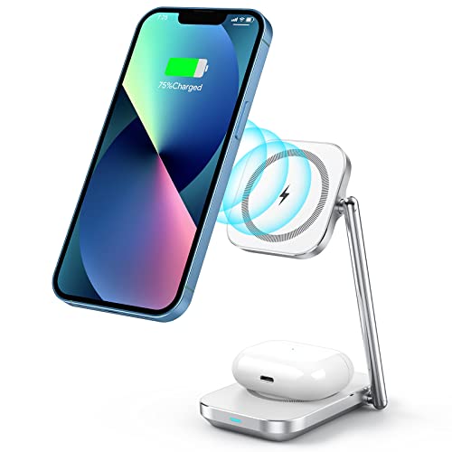 2-in-1 Foldable Magnetic Wireless Charger Stand with MagSafe Charging Station for iPhone 14 13 12 11/Pro/Pro Max/Plus/Mini/XS/XR/X/8, Samsung Phones, AirPods 3/Pro/2