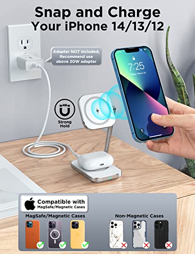 2-in-1 Foldable Magnetic Wireless Charger Stand with MagSafe Charging Station for iPhone 14 13 12 11/Pro/Pro Max/Plus/Mini/XS/XR/X/8, Samsung Phones, AirPods 3/Pro/2