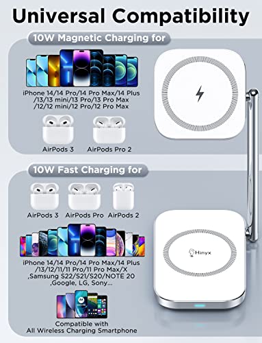 2-in-1 Foldable Magnetic Wireless Charger Stand with MagSafe Charging Station for iPhone 14 13 12 11/Pro/Pro Max/Plus/Mini/XS/XR/X/8, Samsung Phones, AirPods 3/Pro/2