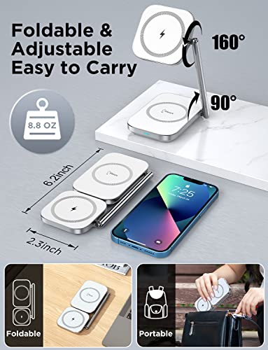 2-in-1 Foldable Magnetic Wireless Charger Stand with MagSafe Charging Station for iPhone 14 13 12 11/Pro/Pro Max/Plus/Mini/XS/XR/X/8, Samsung Phones, AirPods 3/Pro/2